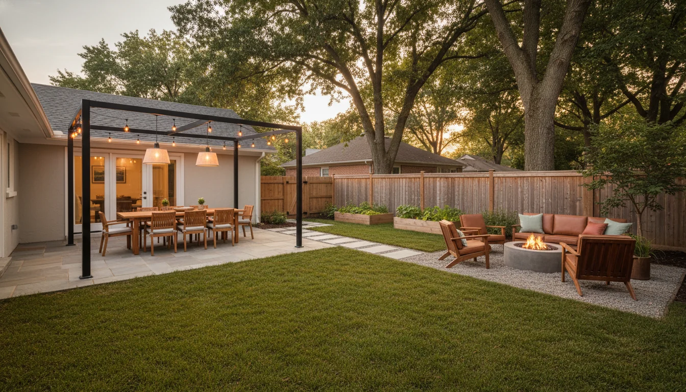 A photoreal AI-rendered suburban backyard transformation seen from the back patio — a flagstone dining patio under a black-framed steel pergola with a six-seat teak table, a gravel-bedded fire-pit lounge with two low slatted-wood chairs and one outdoor sofa, a small raised vegetable bed in cedar along the back fence, a pale composite path connecting the zones across a healthy lawn, mature trees on the property line, and warm late-afternoon light — illustrating an AI backyard design generated from a single phone photo of an existing yard.
