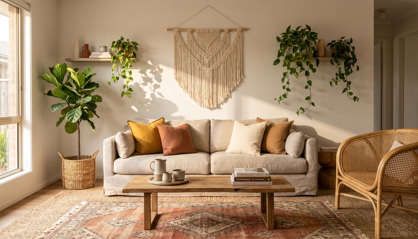A photoreal AI-rendered boho living room with warm white plaster walls, a low natural-linen sofa in oatmeal piled with layered cushions in terracotta, mustard, and cream, a vintage Moroccan rug in muted reds and rusts layered over a larger jute rug, a low rattan coffee table, a tall trailing pothos in a hand-thrown terracotta pot, a macramé wall hanging in undyed cotton, a brass-rimmed mirror leaning against the wall, two stoneware vases holding pampas grass and dried eucalyptus, soft late-afternoon light filtering through a sheer linen curtain — illustrating an AI boho interior design generated from a single phone photo.
