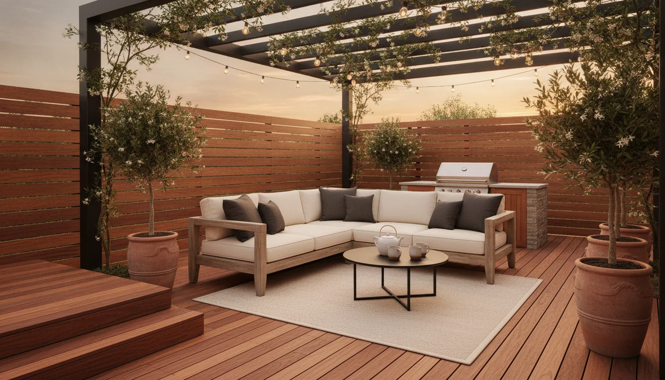 A photoreal AI-rendered residential deck at golden hour with warm Ipe hardwood decking boards laid in a staggered pattern, a low L-shaped teak sectional dressed in oatmeal Sunbrella cushions with charcoal throw pillows, a round black powder-coated coffee table holding a tray with a ceramic teapot and two mugs, a black steel pergola overhead with climbing jasmine threading through the slats, a pair of large terracotta urns with olive topiaries flanking the steps, a wool-look cream outdoor rug under the seating, warm bistro string lights catenary-strung across the pergola ceiling, a stainless steel grill tucked into a corner built-in counter with a small herb planter, and a tall privacy screen of cedar slats along one edge — illustrating an AI deck design generated from a single phone photo.