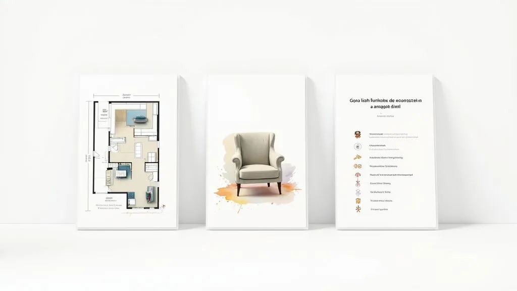 A modern living room with stylish furniture and a large window, showcasing the results of AI design.