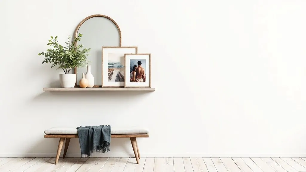 A styled living room with personalized decor, including a gallery wall, a mirror, and plants.