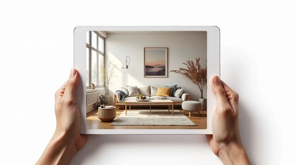 A person using Roomalune on a tablet to create a 3D rendering of a modern living room.