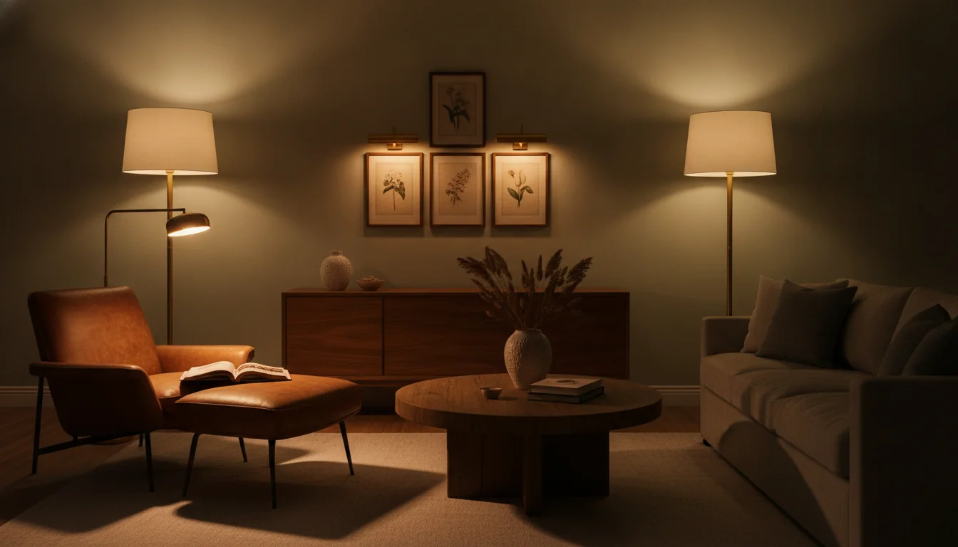 An AI-rendered living room at twilight demonstrating layered lighting — warm ambient glow from cove LED strips along crown molding and two tall linen drum floor lamps, a brass articulated reading lamp casting focused task light on a leather armchair with an open book, and accent picture lights illuminating framed botanical prints on a soft sage accent wall above a walnut credenza