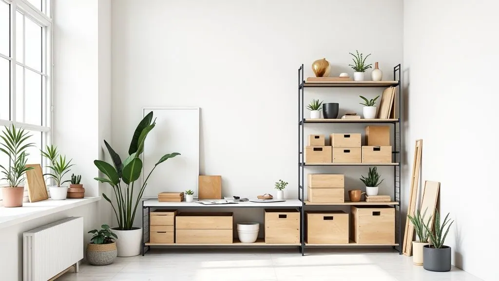 A bright studio condo interior with plants, a minimalist shelving unit, and wooden storage solutions.