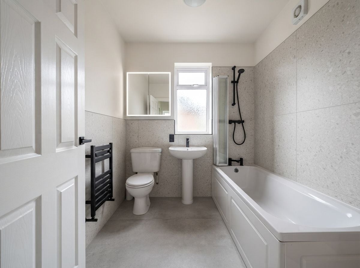 A bathroom redesigned by Roomalune, with restyled tiling and fixtures