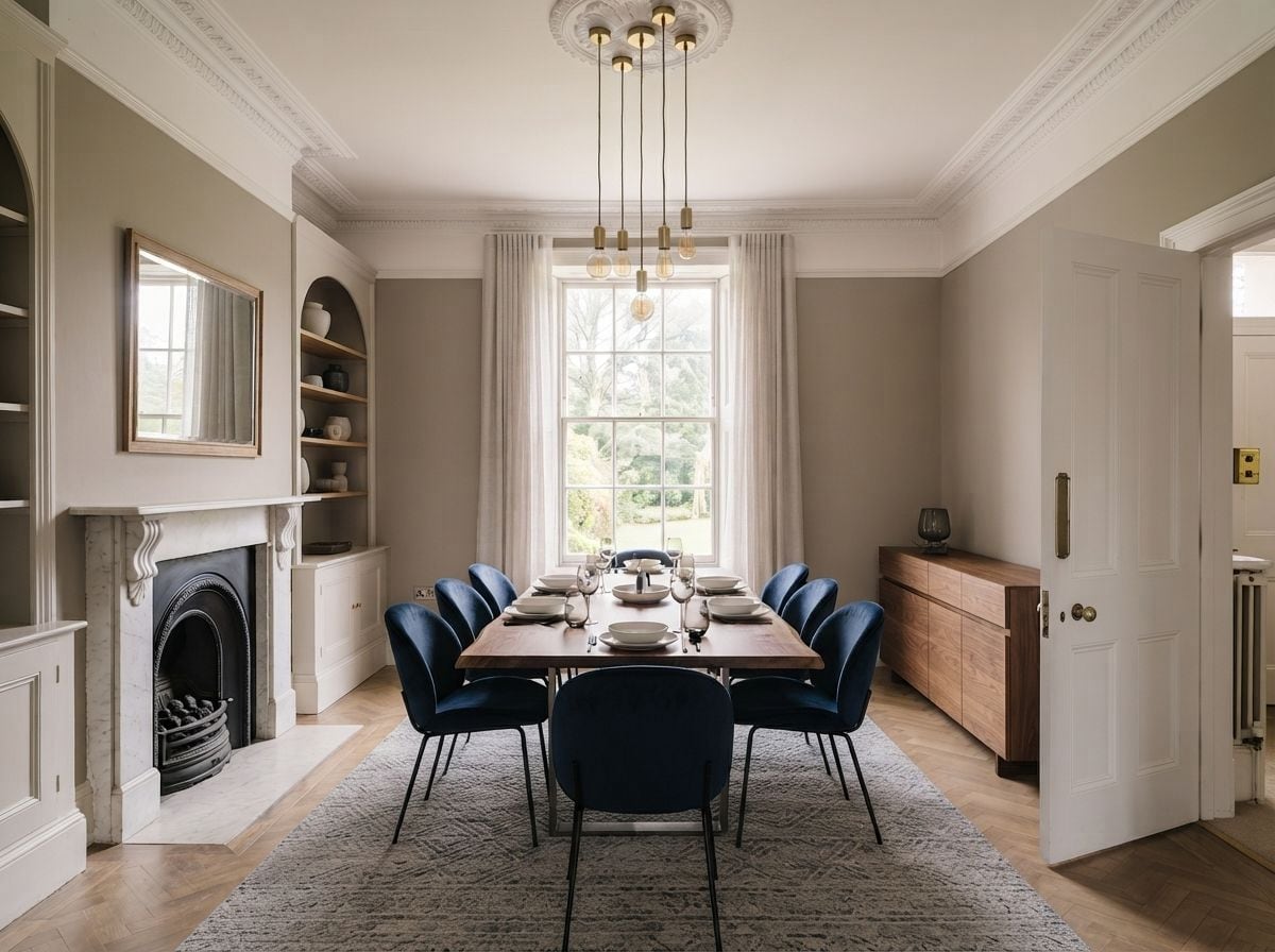 A dining room redesigned by Roomalune, with a table, chairs and pendant light