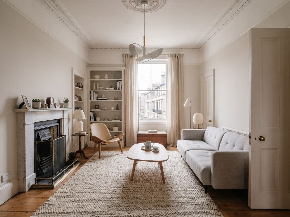 A living room redesigned by Roomalune, with a sofa, rug and layered lighting