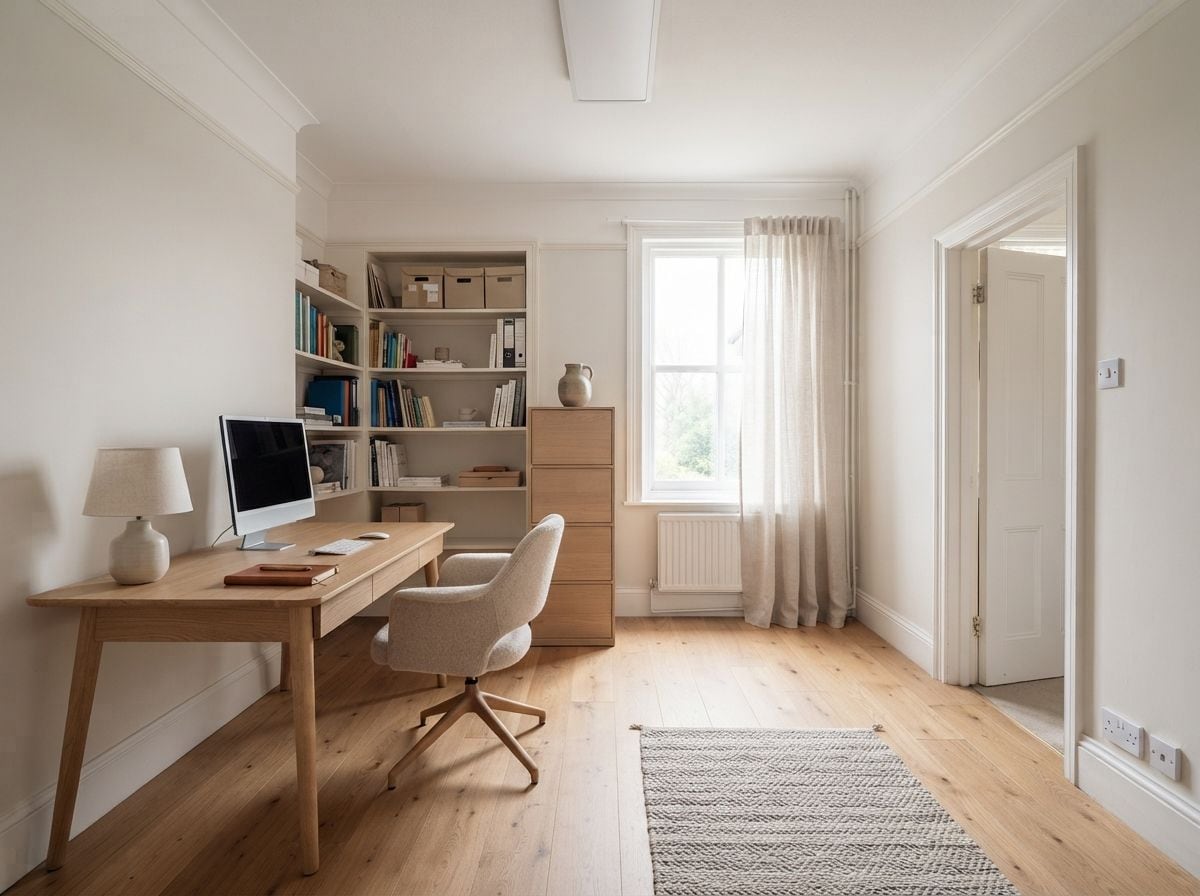 A home office redesigned by Roomalune, with a desk, chair and shelving