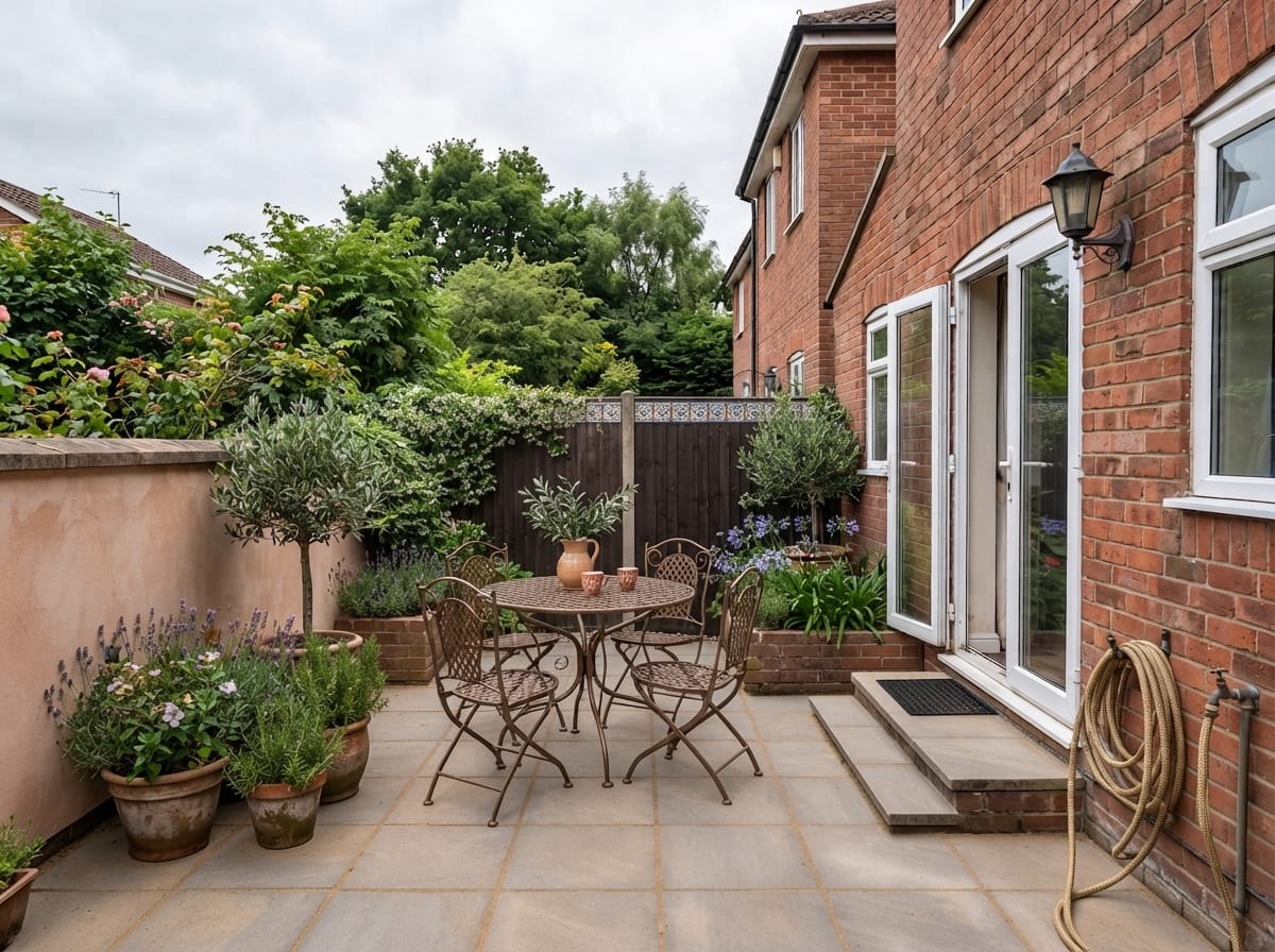A patio redesigned by Roomalune, with outdoor seating and planting