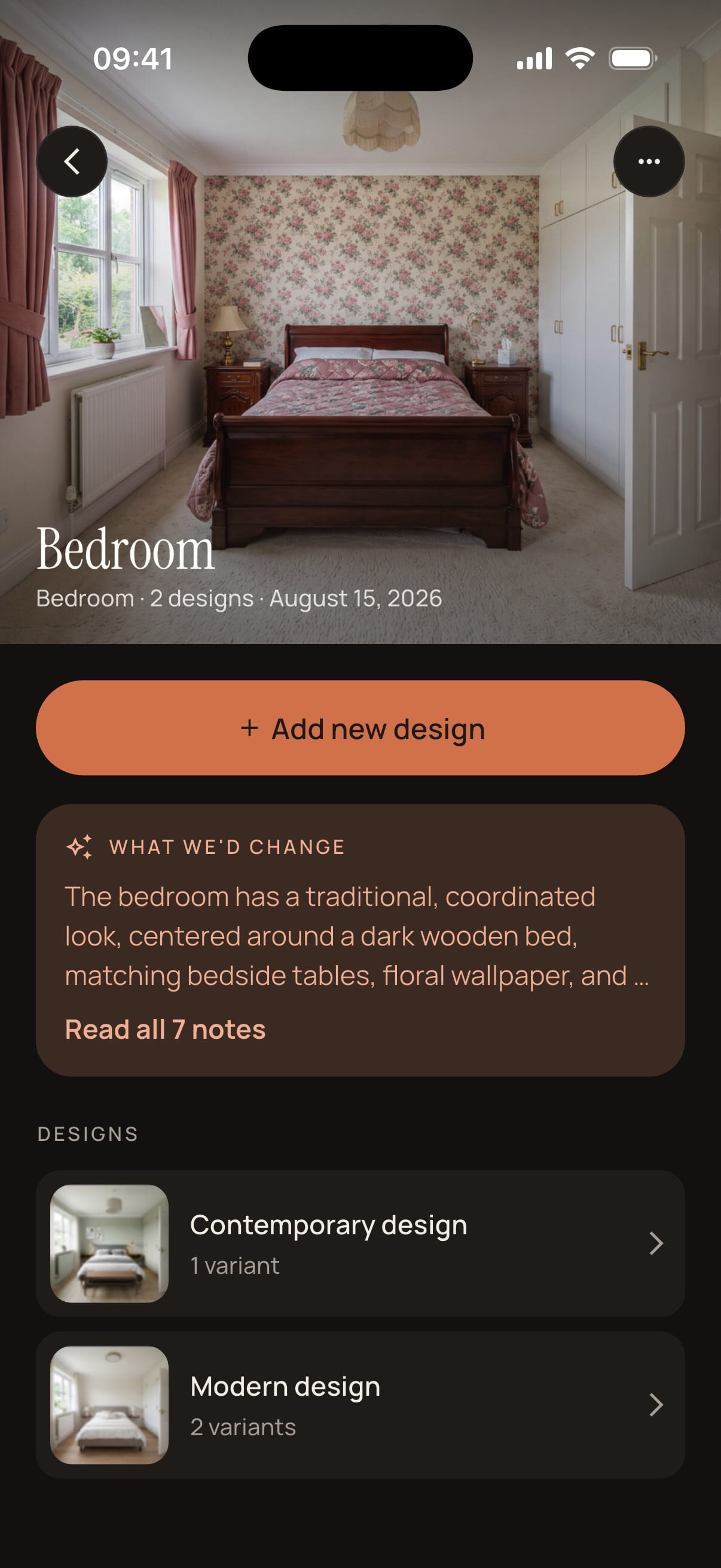 The Roomalune app showing a saved room with its designs and variants listed underneath