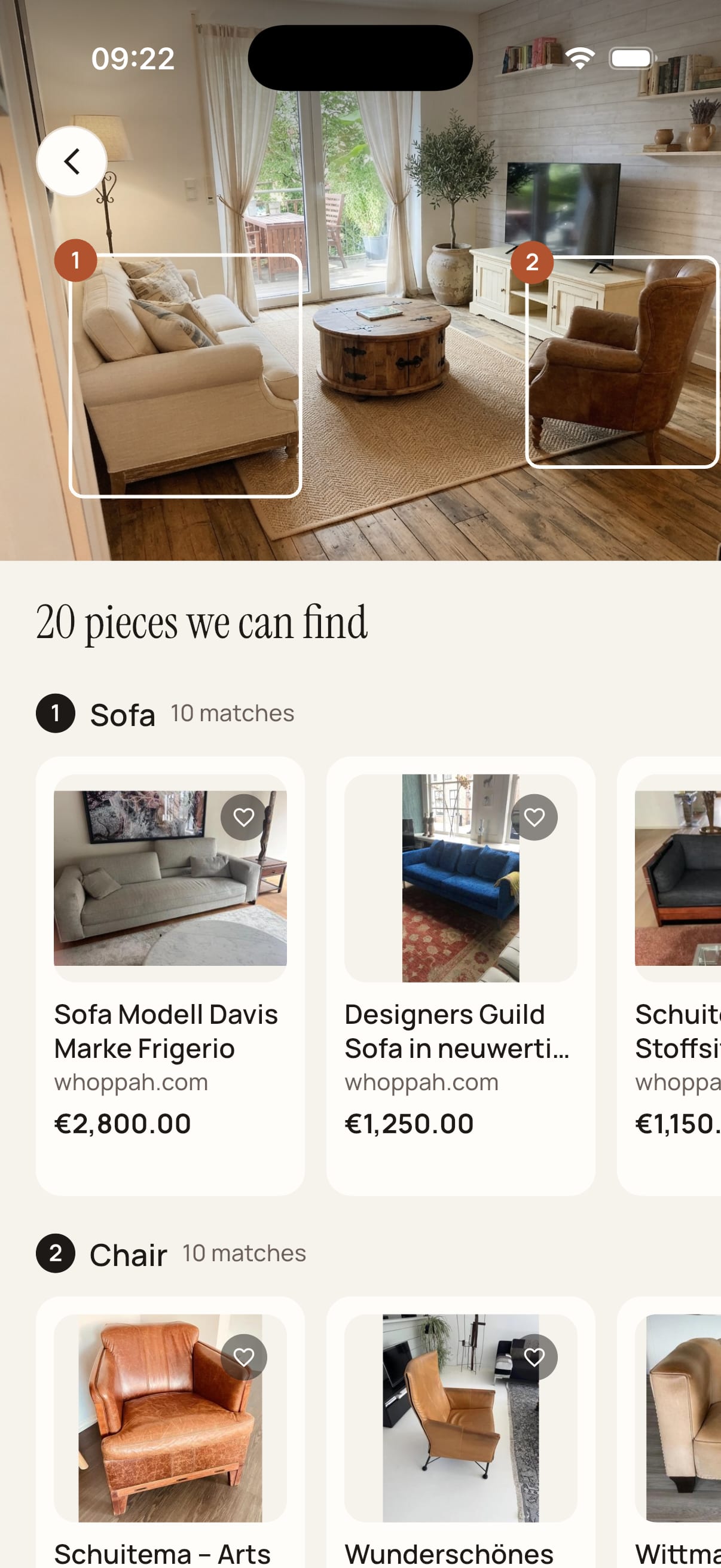 The Roomalune app showing furniture matches found in a design, with the sofa and chair outlined in the photo and real products listed below