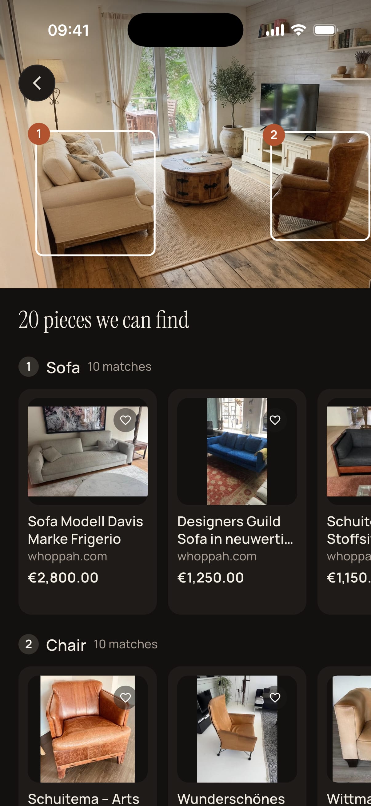 The Roomalune app showing furniture matches found in a design, with the sofa and chair outlined in the photo and real products listed below