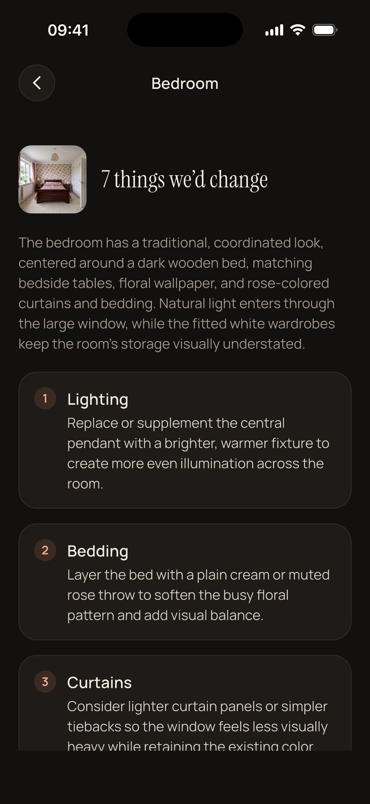 The Roomalune app showing written design recommendations for a room