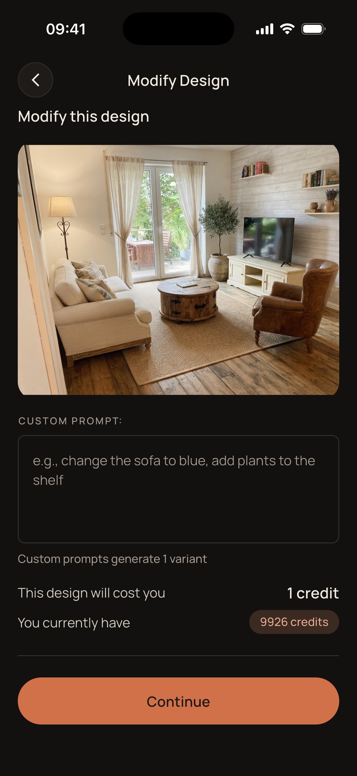 The Roomalune app modifying an existing design with a text instruction